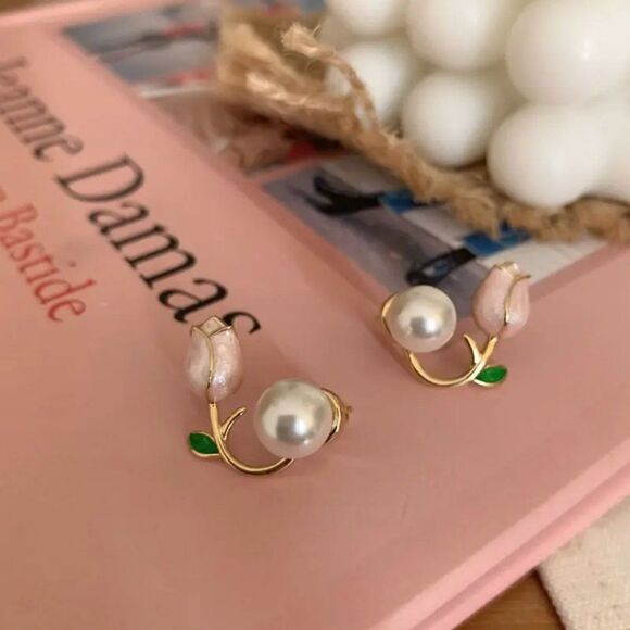 Enamel Pink Tulip Pearl Earrings in Gold - Picture 2 of 6